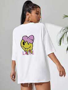 Camiseta de hombros caídos con estampado de letra y dibujos animados - Blanco - Ver 2