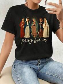 Simple And Versatile Design Women's T-Shirts, Women's T-Shirt, Holy Mother's Day, Aesthetic Virgin Mary - Graphic T-Shirt, Gift For Mothers, Pure Cotton Crew Neck T-Shirts, Black And White, Christmas T-Shirts, For Parties. Cotton T-Shirt - 黑色 - 查看 7
