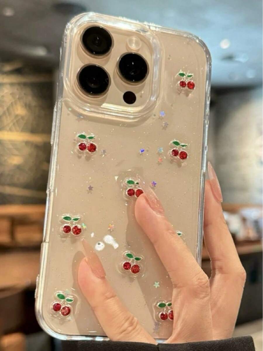 1個粉色櫻桃仿珍珠透明手機殼,適用於Apple 16 Pro Max, 15, 14, 13, 12, 11, 16E, 17,防摔手機保護套 - 無色 - 查看 1
