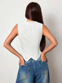 Chaleco de punto ajustado de unicolor con cuello en V sin mangas para damas en otoño/invierno, conjuntos de verano, conjuntos de verano para mujer, conjuntos de vacaciones de verano, Día de San Valentín, conjuntos de vacaciones para mujer, conjuntos - Blanco - Ver 2