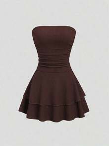 Vestido mini de punto sin tirantes de unicolor minimalista para mujer, vestido de pastel de múltiples capas - Cafetería - Ver 3
