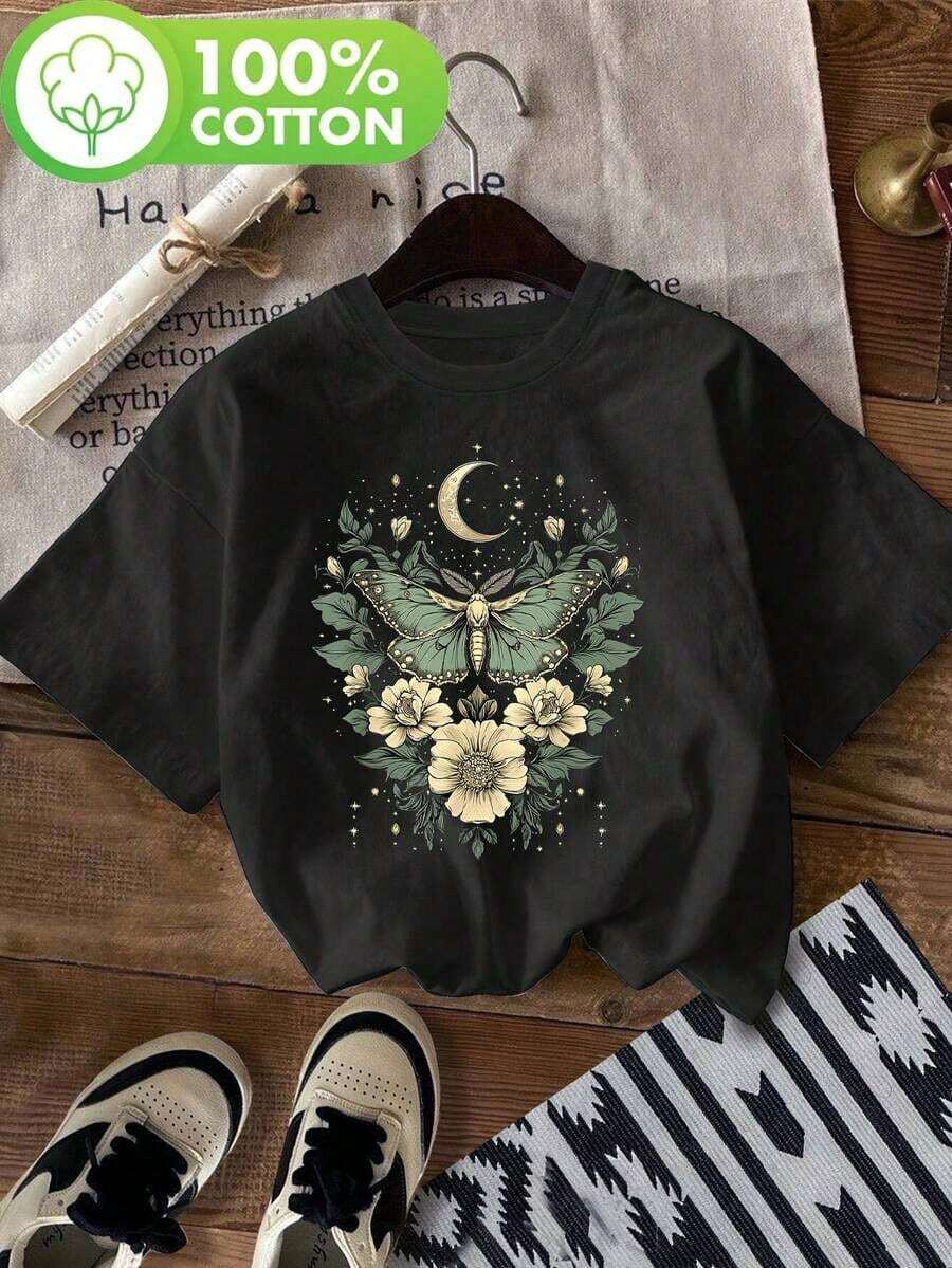 Women's Casual Short Sleeve Crew Neck T-Shirt - Butterfly And Flower Print With Crescent Moon And Stars, Loose Fit, Washable, Spring And Summer Top, Breathable Clothing, Nature-Inspired Print, Comfortable Fabric, Cotton KTJE - 黑色 - 查看 1