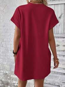 Vestido de mujer con bolsillos estampado diente de león Ropa casual suelta para el verano - Burdeos - Ver 4