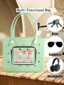 New "Beach" Print Waterproof PVC Beach Bag, Decorated With Shells And Starfish, Beach Accessories, Toiletry Bag, Travel Accessories, Suitable For Decorative Items, Suitable For Travel And Outings, Durable Waterproof And Wear-Resistant, Easy To Clean, Suitable For Bogg Bags, Transparent Bogg Cosmetic Bag With Phone Holder, Internal Compartment Storage Space, Suitable For Travel Cosmetic Bag - Multicolor - View 9