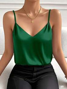 Top de tirantes de unicolor, minimalista y casual para mujer, rojo de verano - Verde - Ver 1