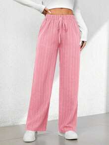 Pantalones capri de pierna ancha con textura de estilo casual de verano - Rosa - Ver 8