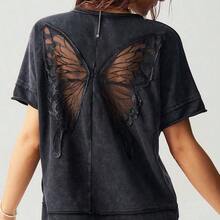 Casual Solid Color Knit Round Neck Short Sleeve Loose Butterfly Cutout Back Women T-Shirt,Summer Top - Morado - Ver 6