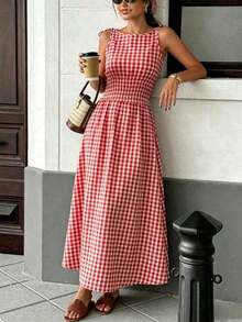 Vestido maxi a cuadros marrones 2026 para mujer, con tirantes de lazo y cintura fruncida con volantes, estilo minimalista casual y perfecto para vacaciones y uso diario - Rojo - Ver 3
