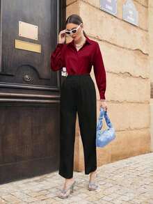 Camisa de manga larga para mujer color rojo burdeos, prenda de vestir de manga larga para otoño para mujeres - Burdeos - Ver 4