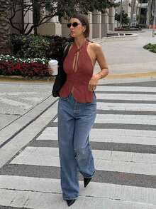 Parte superior sin mangas de mujer con lazo, cuello halter y abertura, chaleco casual - Rojo - Ver 5