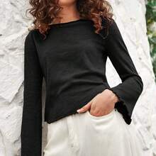 Lettuce Trim Trumpet Sleeve Asymmetrical Hem Tee - Verde militar - Ver 3
