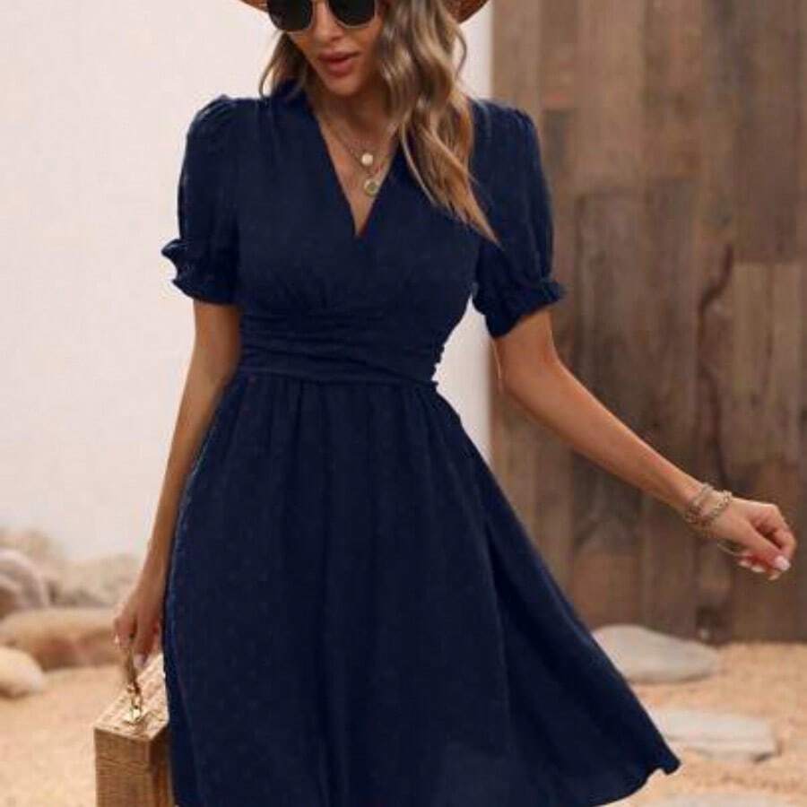 Swiss Dot Puff Sleeve Ruffle Detail Shirred Waist A-line Dress - Azul Marino - Ver 1