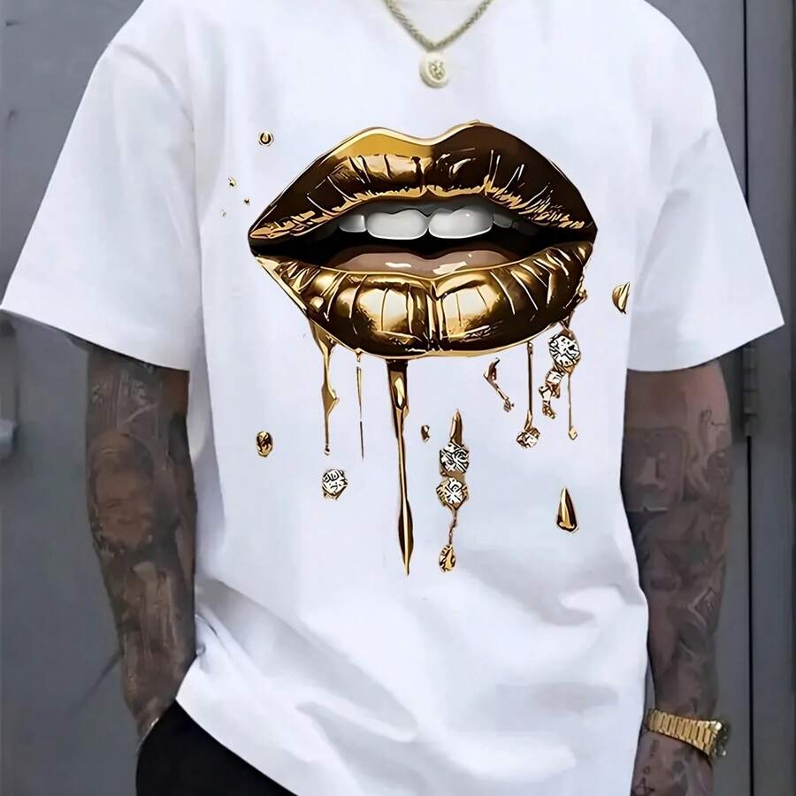 Camiseta casual de verano para hombre, manga corta, con estampado de monograma, cuello redondo, 100% algodón, tejido de punto con elasticidad media. - forma - Ver 1