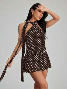 Vestido de verano mini blanco con lunares negro y blanco de malla apropiado para vacaciones - Marrón - Ver 4