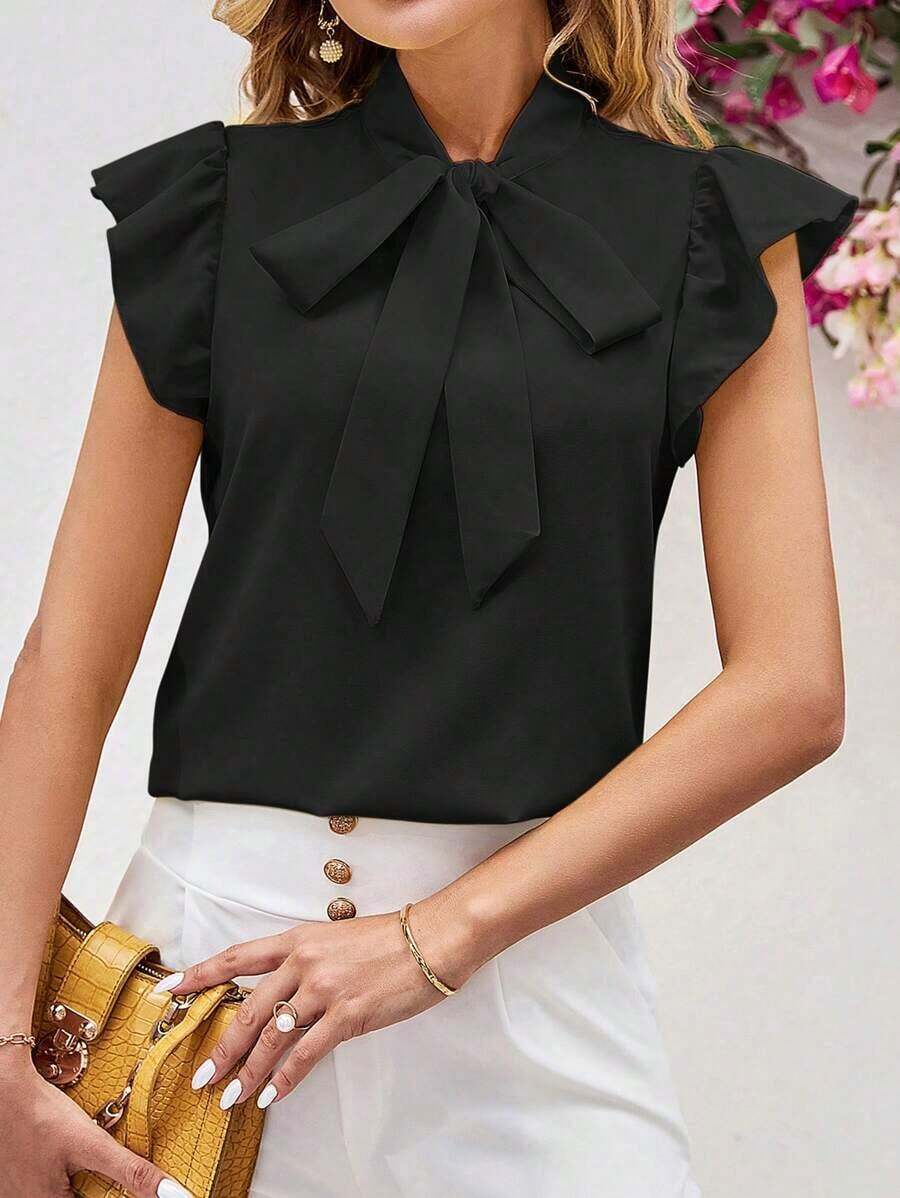 Blusa con lazo elegante para mujer, versátil para el trabajo y el uso casual, verano - Negro - Ver 1