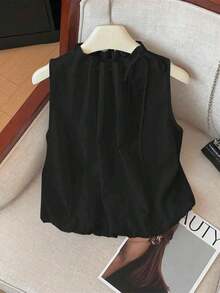 Blusa blanca elegante sin mangas, de cintura elástica y cuello suelto con cordón, de tejido texturizado, para mujer, para primavera/verano.Blusas y tops para mujer de cuello cerrado, blusas casuales y modernas para el verano - Negro - Ver 8