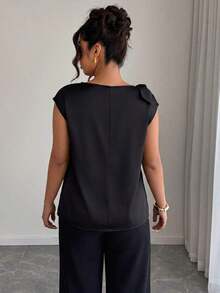Camisa sin mangas de lino y algodón en beige con lazos en los hombros: informal para vacaciones, elegante para usar en la calle, adecuada para la oficina - Blusa talla grande para primavera y verano - Negro - Ver 2