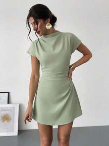 Vestido mini de línea A con fruncido de unicolor, adecuado para el uso diario en verano - Verde - Ver 3