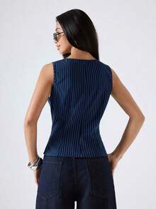 2026 Nueva Camiseta de Tirantes Ajustada de Cuello Redondo a Rayas de Color Albaricoque Minimalista, Adecuada para Trabajo/Casual de Negocios/Oficina, Top de Moda para Mujer - Azul - Ver 2