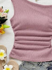 Blusa de punto con textura de burbujas de color albaricoque, con hombros asimétricos y cintura anudada, de corte ajustado, adecuada para fiesta, cita, paseo por la ciudad, viaje por carretera, playa de verano - Rosa - Ver 7