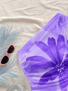 Blusa de mujer con estampado floral sexy, bajo asimétrico y hombros fruncidos, adecuada para vacaciones en la playa - Morado - Ver 6