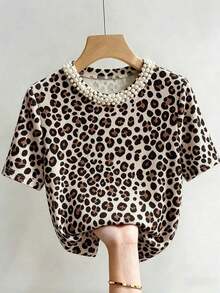 Camiseta de manga corta con cuello redondo ajustado, con cuentas y acanalada, elegante para mujeres - Caqui - Ver 3