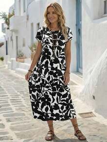 Vestido casual de mujer con estampado floral y manga corta, ideal para vacaciones de verano - Multicolor 7 - Ver 4