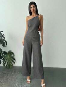 Nuevo conjunto de verano elegante de vacaciones de 2 piezas de lino, con top de cintura fruncida y espalda descubierta de dobladillo asimétrico en color albaricoque y pantalón largo de cintura alta - Gris Oscuro - Ver 6