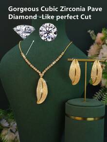 18 Karat vergoldetes luxuriöses königliches Stil Ahornblatt Design Braut Hochzeit Schmuckset, handgefasster weißer kubischer Zirkonia, inklusive Halskette und Ohrringe, geeignet für täglichen Gebrauch, Hochzeit, Freundschaftsgeschenk, Muttertagsgeschenk - Ahornblatt-Set - Übersicht 4