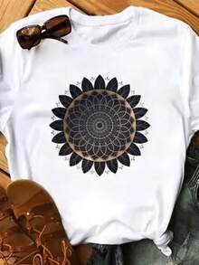 Camiseta negrara mujer con gráfico de mandala estilo kawaii Maycaur New Females T-06 (2) - Blanco - Ver 2