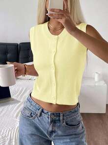 Chaleco corto de punto casual con botones   para mujer en color amarillo suave estilo amarillo mantequilla. - Rosa - Ver 9