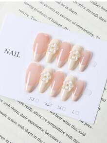 10 móng giả thủ công màu trắng kiểu Pháp, họa tiết hoa 3D, tông màu nude, thanh lịch, tối giản, sang trọng, cao cấp. - trắng - Xem 4