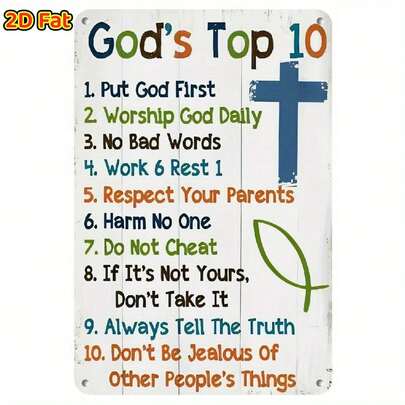 2D Flat 10 Commandments Wooden Wall Art Sign - 5.9 X 7.87 Inches, Rustic Wood Board Design With Colorful Coded Old English Style Scripture, Christian Home Decor For Living Room, Bedroom, Kitchen - Durable Metal Inspirational Bible Verse Decoration