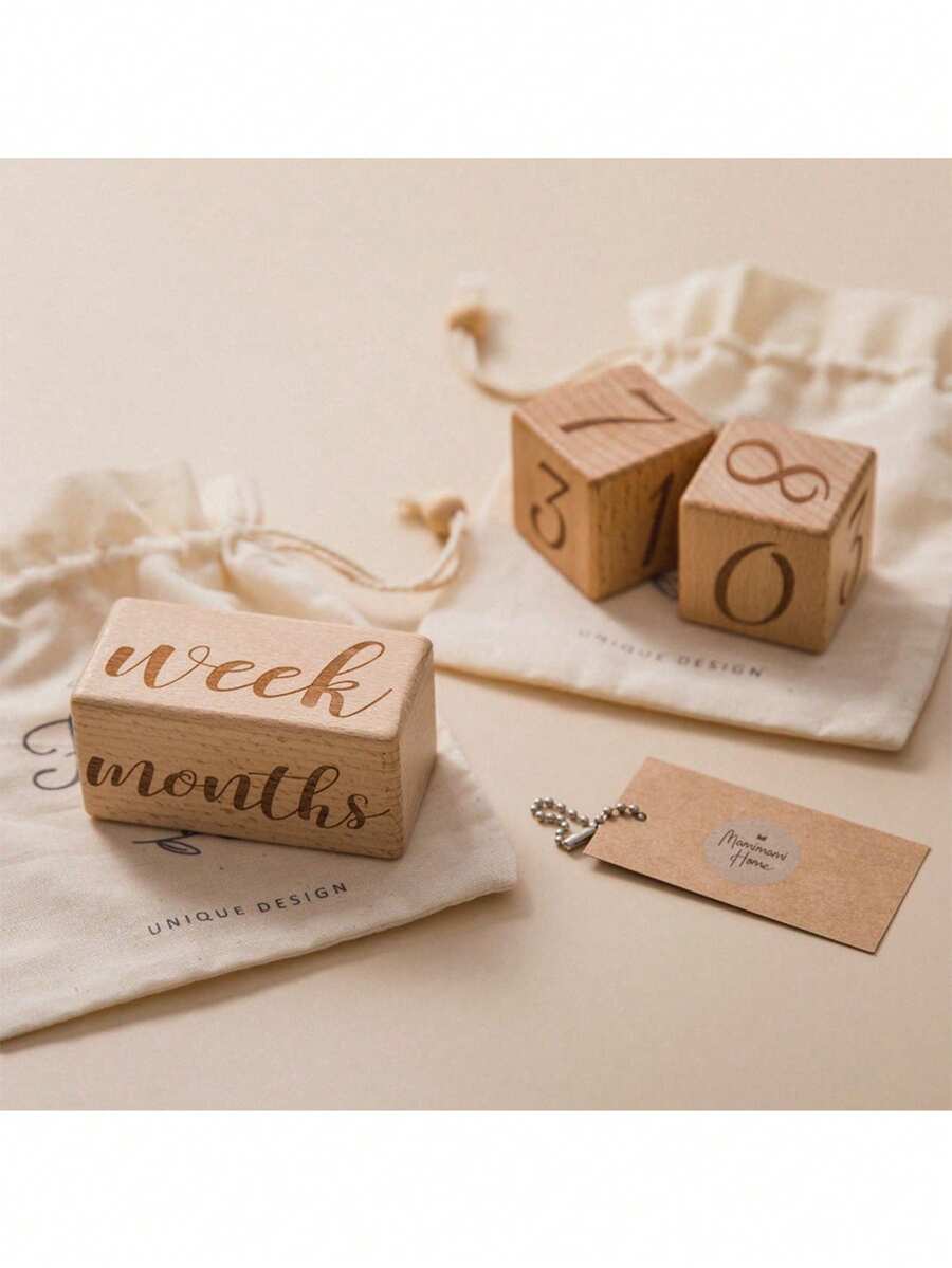 Newborn Growth Milestone Wooden Blocks, Growth Memory Photography Props, Birthday Record Photography, Birth & Growth Commemoration - Beige - View 1