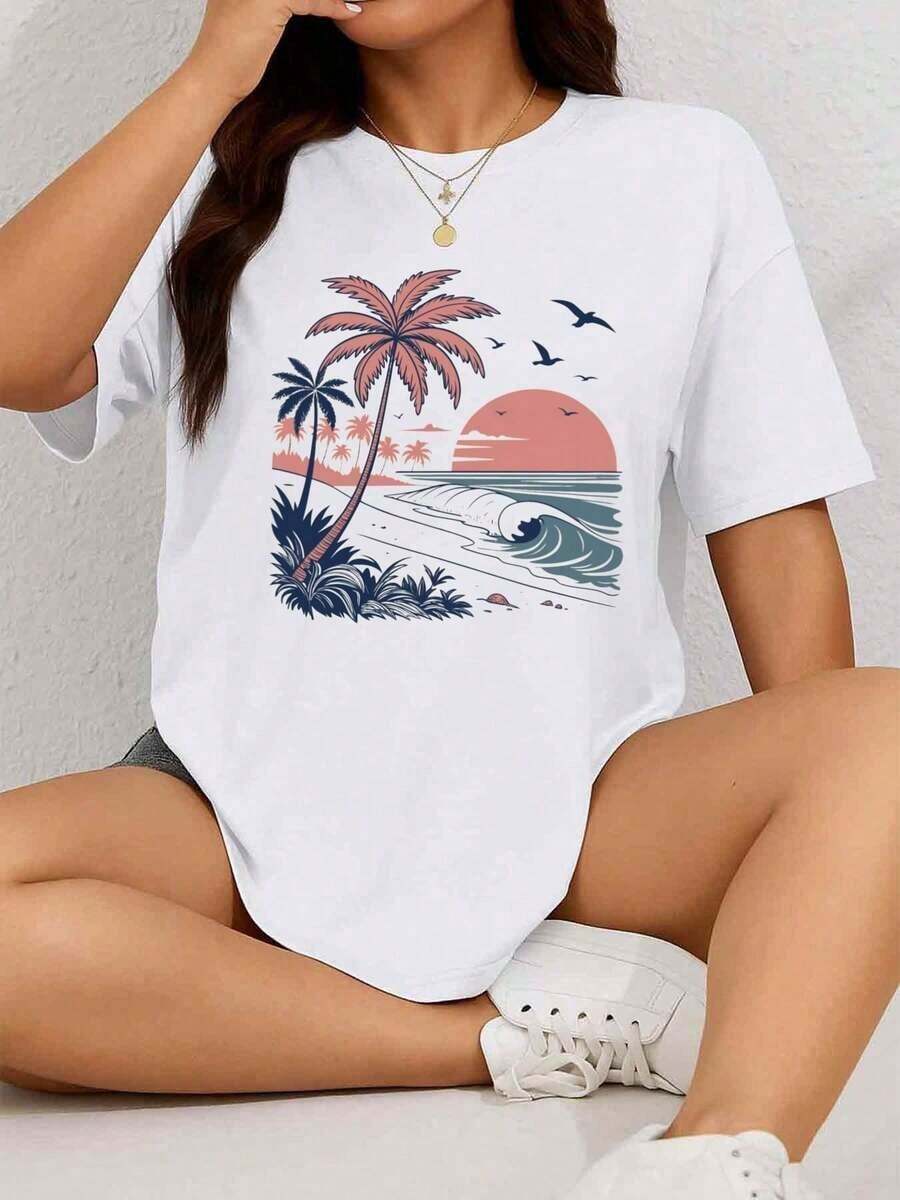 playeras de algodón mujer 1pscCamiseta de 180g 100% sobredimension de 1pc de las mujeres - Tropical Palm Tree & Surf Print White Beach Tee, camiseta de verano casual estética Y2K con cuello redondo, uste relado para la comodidad diaria, surf, vacaciones y tre casual - estilo de surf Top gráfico con oro100%cotton ropa de mujer Daily home top - Blanco - Ver 1