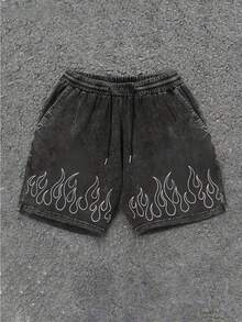 Men's 290g White Flame Graphic Print Drawstring Shorts, Casual Loose Fit Streetwear Knee Length Shorts, Y2K Black Acid Wash Fire Pattern Shorts, Heavyweight Washed Cotton Summer Shorts For Street Style, Daily Wear & Vacation - màu đen - Xem 1