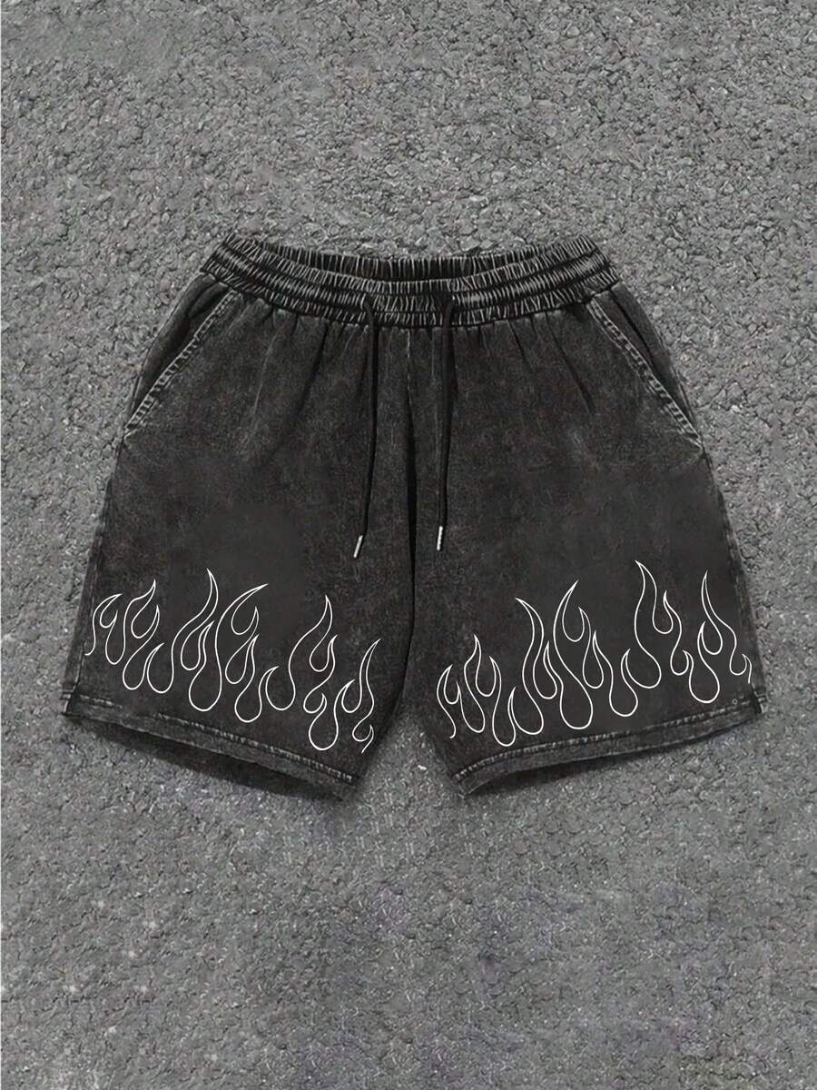Men's 290g White Flame Graphic Print Drawstring Shorts, Casual Loose Fit Streetwear Knee Length Shorts, Y2K Black Acid Wash Fire Pattern Shorts, Heavyweight Washed Cotton Summer Shorts For Street Style, Daily Wear & Vacation - màu đen - Xem 1