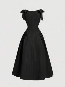 Vestido color albaricoque con cuello redondo, sin mangas, con ribete de contraste, lazo decorativo en la cintura y bajo acampanado - Negro - Ver 8