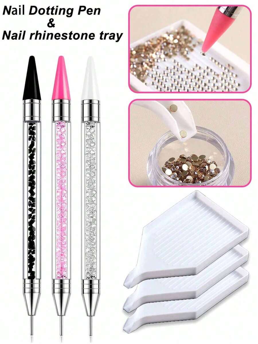 Includes 1pc Nail Art Rhinestone Dotting Pen And 2pcs Sorting Trays. Double-Ended Self-Adhesive Rhinestone Dotting Pen And White Rhinestone Storage Tray Suitable For DIY Rhinestone Crafts And Rhinestone Painting; Nail Art Decoration Tool. - Multicolor - View 1