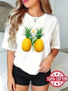 Camiseta de manga corta con cuello redondo y estampado, para dama, verano Diseño de Flor de Piña Impreso S-3XL 100% aodón material transpirable - Blanco - Ver 2