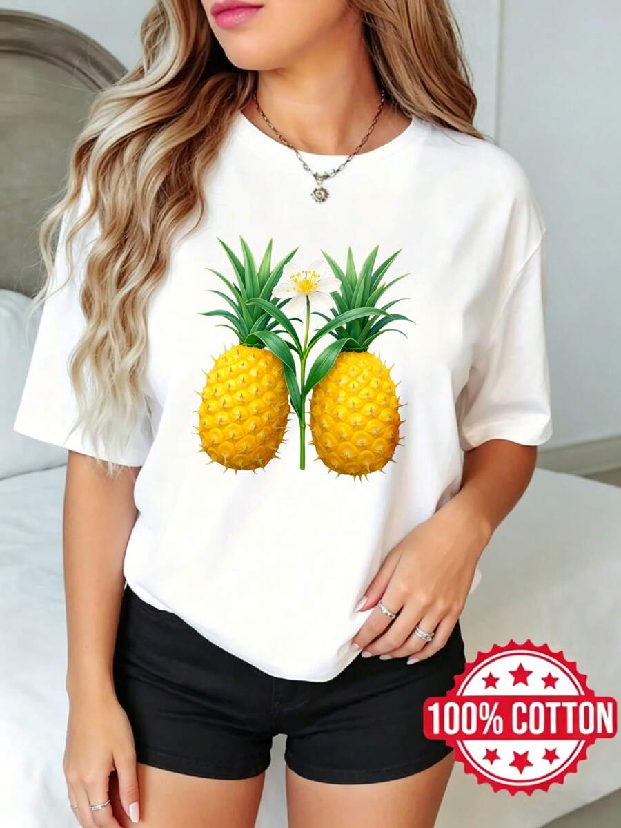 Camiseta de manga corta con cuello redondo y estampado, para dama, verano Diseño de Flor de Piña Impreso S-3XL 100% aodón material transpirable