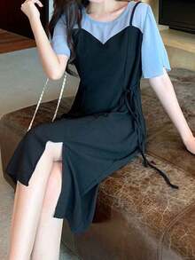 Women's Midi And Maxi Dress. New Summer Dress Style Two-Piece Faux Dress With Straps And Slit, Fitted At The Waist, Slimming, A Must-Have For The Goddess, Stylish And Age-Reducing,  Ins - 黑色 - 查看 2