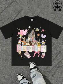 Disney Licensed Mickey & Friends Disneyland Castle Graphic T-Shirt, Cute Casual Style, Ultra-Soft Fabric, Breathable, Perfect For Theme Park Trips & Daily Wear, Unisex For Men And Women - màu đen - Xem 2
