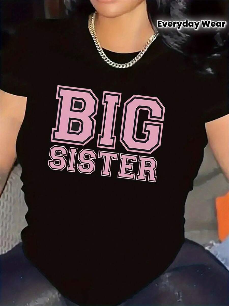 Camiseta de regalo para hermana | Ideal para la sala de estar del hogar, tela duradera y cómoda, elegante diseño de letras rosas, regalo perfecto para reuniones familiares y uso diario, cuello redondo, tela de elasticidad media. - Negro - Ver 1