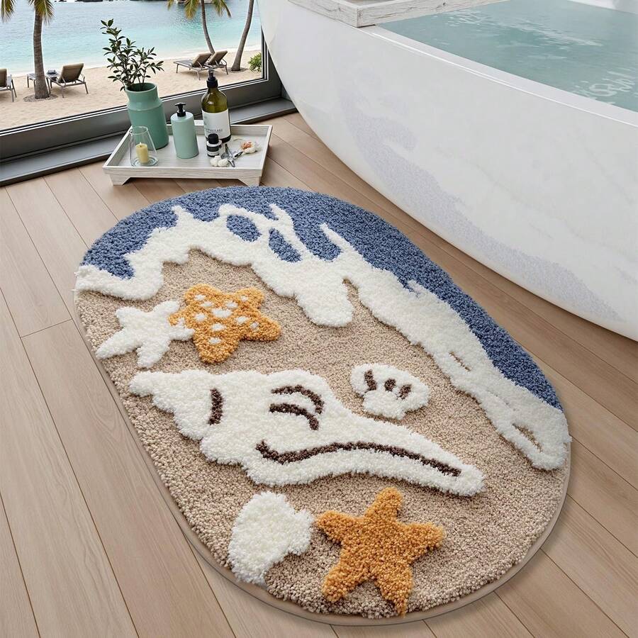 Summer Style Bathroom Rugs,Soft And Absorbent Bath Mats Non-Slip Backing Shower Rug,Machine Washable, Bathroom, Kitchen And Entryway Home Decor,Sea Beach Starfish Shell Bath Floor Mat,22"X34" - Dusty Blue - View 1