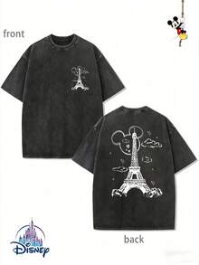 Men's Disney Black Washed Mickey Eiffel Tower Tee, Retro Print, Loose Fit, Premium Cotton. - màu đen - Xem 1
