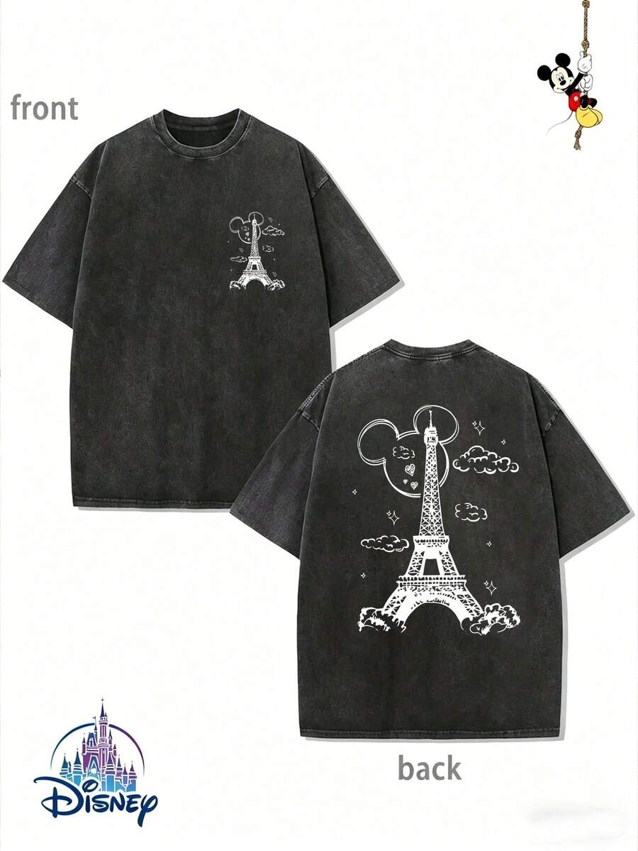 Men's Disney Black Washed Mickey Eiffel Tower Tee, Retro Print, Loose Fit, Premium Cotton. - màu đen - Xem 1