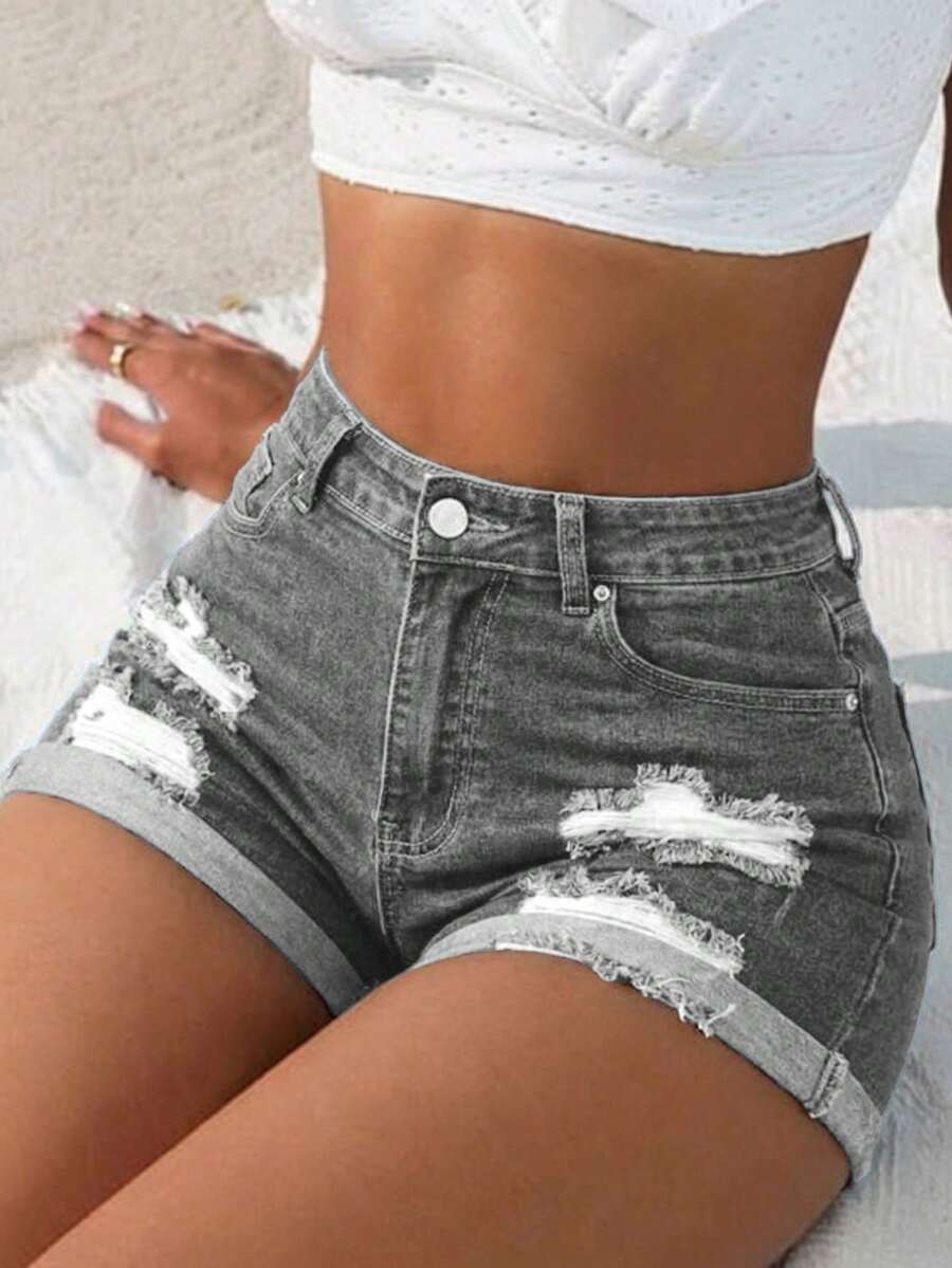 Celana Pendek Denim Wanita Seksi dengan Detail Sobek, Elastis, Pas Badan, dan Potongan Lurus, Musim Panas - Grey - View 1