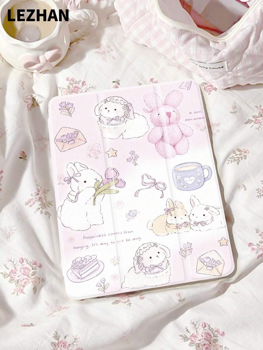 Bunnies 1件裝可愛卡通粉色兔子與鬱金香花卉印花平板保護殼，適用於 iPad 10.2"、Pro 11" 2021/2020/10代、Mini 4/5/6、Galaxy Tab A8 10.5" 2022、Matepad 10.4"/Tab，附筆槽、防摔、平板支架保護套