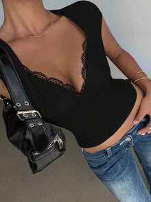 Camiseta sin mangas de ajuste ceñido con cuello en forma de corazón y parches de encaje de unicolor para mujer - Negro - Ver 3